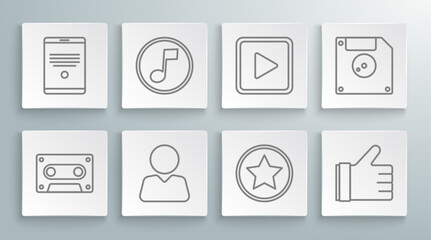 Poster - Set line Retro audio cassette tape, Music note, tone, Add friend, Star, Hand like, Play in square, Floppy disk for computer data storage and Tablet icon. Vector