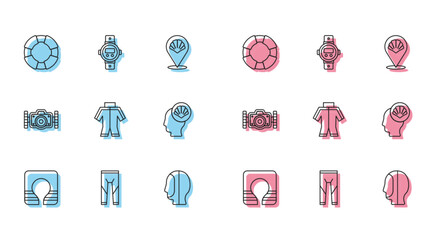 Sticker - Set line Life jacket, Wetsuit, Lifebuoy, Diving hood, Scallop sea shell, Photo camera and watch icon. Vector