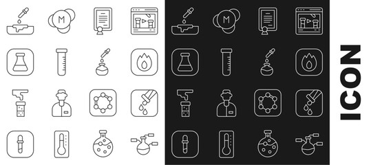 Poster - Set line Test tube and flask, Fire flame, Certificate template, Petri dish with pipette and icon. Vector