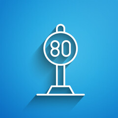 Sticker - White line Speed limit traffic sign 80 km icon isolated on blue background. Long shadow. Vector