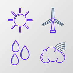 Poster - Set line Rainbow with clouds, Water drop, Wind turbine and Sun icon. Vector