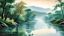 Beautiful Calm River In Japan. Pastel Colors - Landscape.