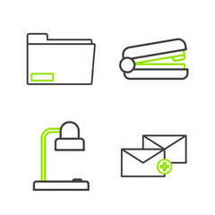 Poster - Set line Envelope, Table lamp, Office stapler and Document folder icon. Vector