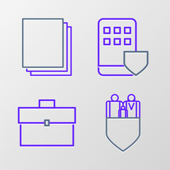 Poster - Set line Family insurance with shield, Briefcase, Smartphone and Clean paper icon. Vector