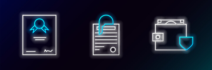 Poster - set line wallet and money with shield, certificate template and file document paper clip icon. glowi