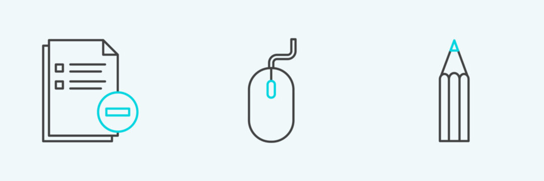 Set line Pencil, Document with minus and Computer mouse icon. Vector
