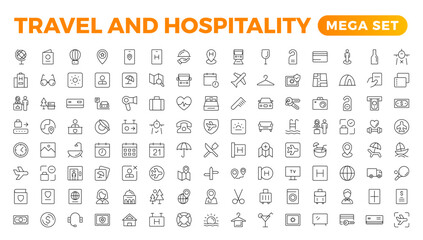 Set of outline icons related to the hospitality industry. Editable stroke. Vector illustration.Travel set. Summer vacations and holiday symbol vector illustration. traveling tourism elements.