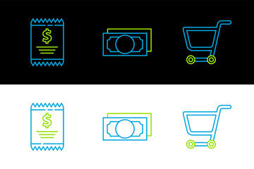 Poster - Set line Shopping cart, Paper check and financial check and Stacks paper money cash icon. Vector