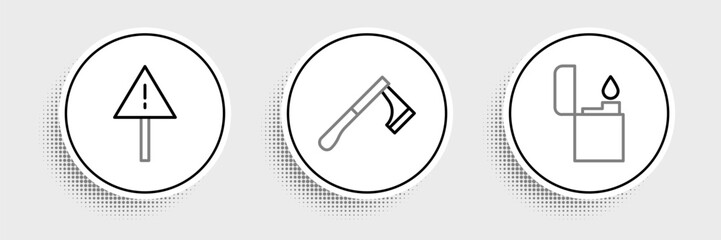 Poster - Set line Lighter, Exclamation mark in triangle and Wooden axe icon. Vector