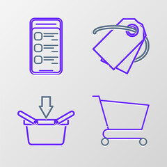 Poster - Set line Shopping cart, basket, Blank label template price tag and Online shopping on mobile phone icon. Vector