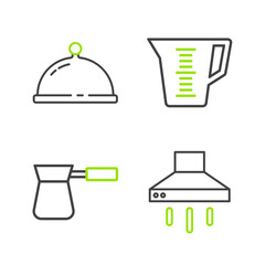 Sticker - Set line Kitchen extractor fan, Coffee turk, Measuring cup and Covered with tray food icon. Vector