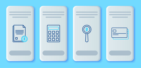 Sticker - Set line Calculator, Magnifying glass and dollar symbol, Finance document and Credit card icon. Vector