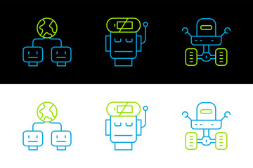 Sticker - Set line Mars rover, Artificial intelligence and Robot low battery charge icon. Vector