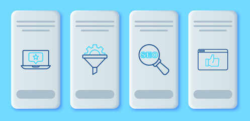 Poster - Set line Sales funnel with gear, SEO optimization, Laptop star and Customer product rating icon. Vector