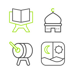 Sticker - Set line Ramadan fasting, drum, Muslim Mosque and Holy book of Koran icon. Vector