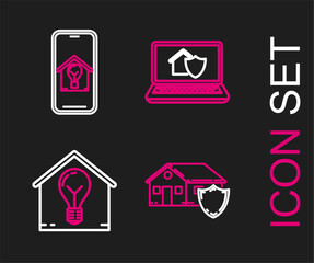 Poster - Set line House under protection, Smart house and light bulb, Laptop with and Mobile phone smart icon. Vector