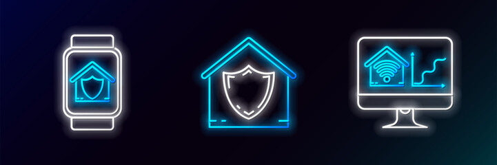 Poster - set line computer monitor with smart home with wi-fi, smart watch house under protection and house i