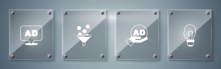 Poster - set light bulb with concept of idea, advertising, lead management and . square glass panels. vector