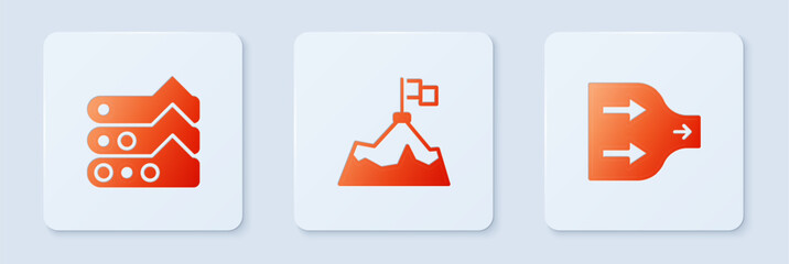 Poster - Set Mountains with flag, Graph, chart, diagram and Arrow. White square button. Vector