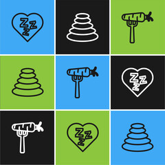 Sticker - Set line Sleepy, Carrot on fork and Stack hot stones icon. Vector