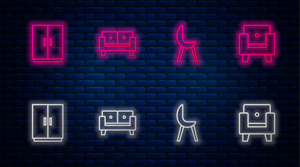 Wall Mural - Set line Sofa, Armchair, Wardrobe and . Glowing neon icon on brick wall. Vector
