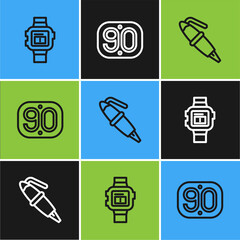 Poster - Set line Wrist watch, Fountain pen nib and 90s Retro icon. Vector