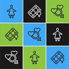 Wall Mural - Set line Female, gender and Packaging of birth control pills icon. Vector