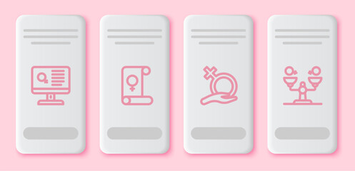 Poster - Set line Dating app, Feminism, Female gender and Gender equality. White rectangle button. Vector