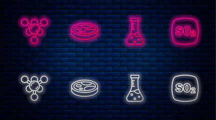 Wall Mural - Set line Petri dish with bacteria, Test tube, Molecule and Sulfur dioxide SO2. Glowing neon icon on brick wall. Vector