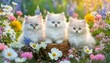 three cute persian kittens in the floral garden