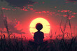 A young anime boy watching the sunset lonely in a big field