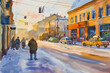 Warm and cold hues merge in this watercolor painting of an active snow-lined city street at the cusp of dawn or dusk. 