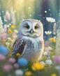 owl in fairy field with flowers