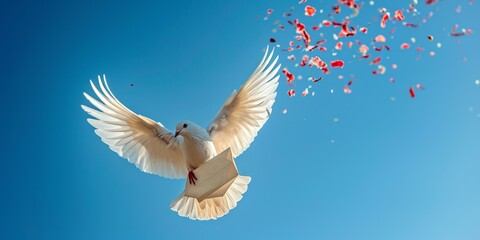 white bird of freedom is flying at the bright blue sky and holding a mail