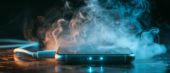 A concept image featuring a smartphone charging cable surrounded by electric smoke, portraying technology hazards