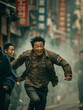 fearful asian man running in the streets 