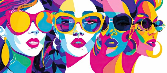 Pop art-inspired illustration showcasing women's faces in profile with oversized, colorful sunglasses reflecting style and individuality.