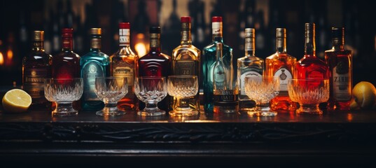 a stunning banner featuring an array of spirits and liquors elegantly displayed on a bar counter.
