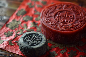 Two red and gold objects, one of which is a coin with Chinese characters on it