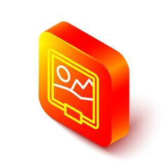 Poster - Isometric line Picture icon isolated on white background. Orange square button. Vector