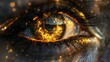 A detailed view of a human eye with vibrant lights illuminating the iris and pupil, creating a striking visual contrast