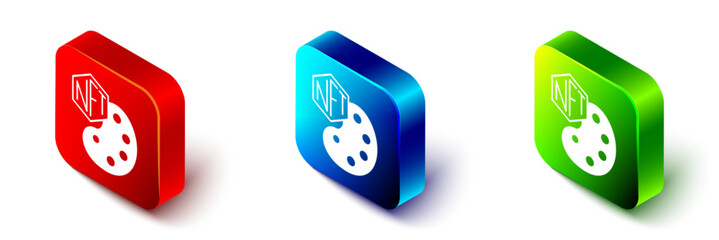 Poster - Isometric NFT Digital crypto art icon isolated on white background. Non fungible token. Red, blue and green square button. Vector