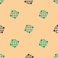 Poster - Green and black Global technology or social network icon isolated seamless pattern on beige background. Vector