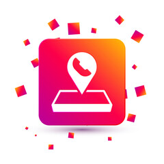 Poster - White Map pointer with telephone or communication icon isolated on white background. Call center location. Square color button. Vector
