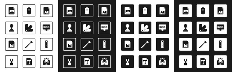 Poster - Set AE file document, Color palette guide, Stamp, Picture landscape, Speech bubble with RGB CMYK, Computer mouse, Ruler and ID File icon. Vector