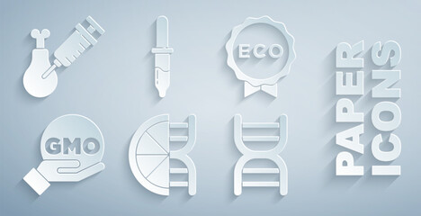 Wall Mural - Set Genetically modified orange, Label for eco healthy food, GMO, DNA symbol, Pipette and Gmo research chicken icon. Vector