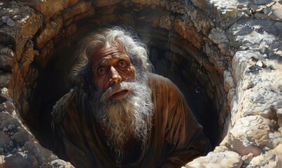 Jeremiah the prophet of God placed inside a well because of the prophetic messages for the people of Jerusalem, Generative AI