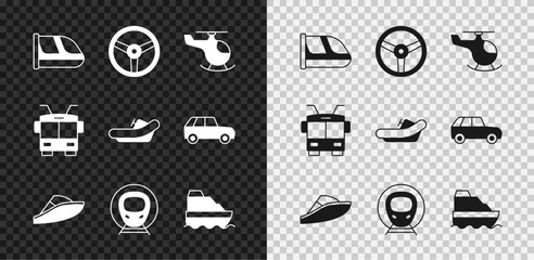 Wall Mural - Set Train and railway, Steering wheel, Helicopter, Speedboat, Cruise ship, Trolleybus and Rafting icon. Vector