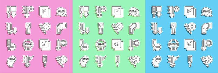 Poster - Set line Digital thermometer, Meteorology, Fahrenheit, and Medical icon. Vector