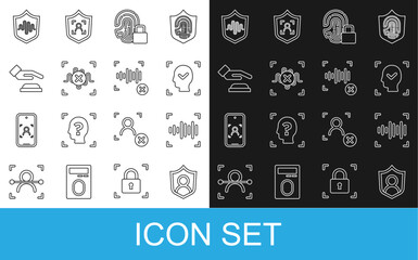 Poster - Set line User protection, Voice recognition, Face, Fingerprint with lock, Rejection voice, Palm, Shield and icon. Vector
